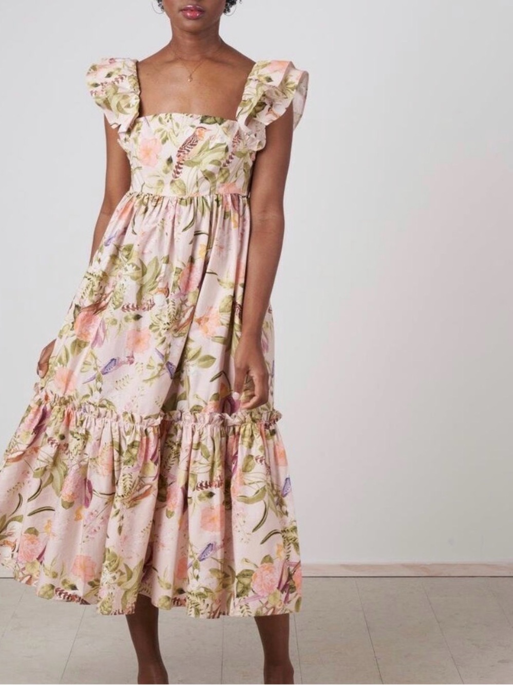 Cara Cara Darby Tropical Bird Blush Pink Floral Cotton Ruffle Dress size XS